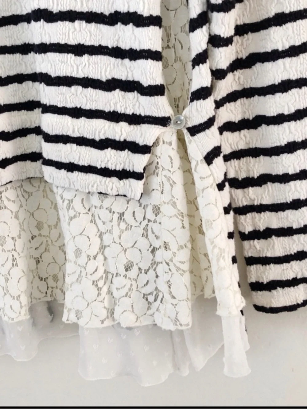Anthropologie Postmark Black & White Striped Open Cardigan Lace Hem Large
